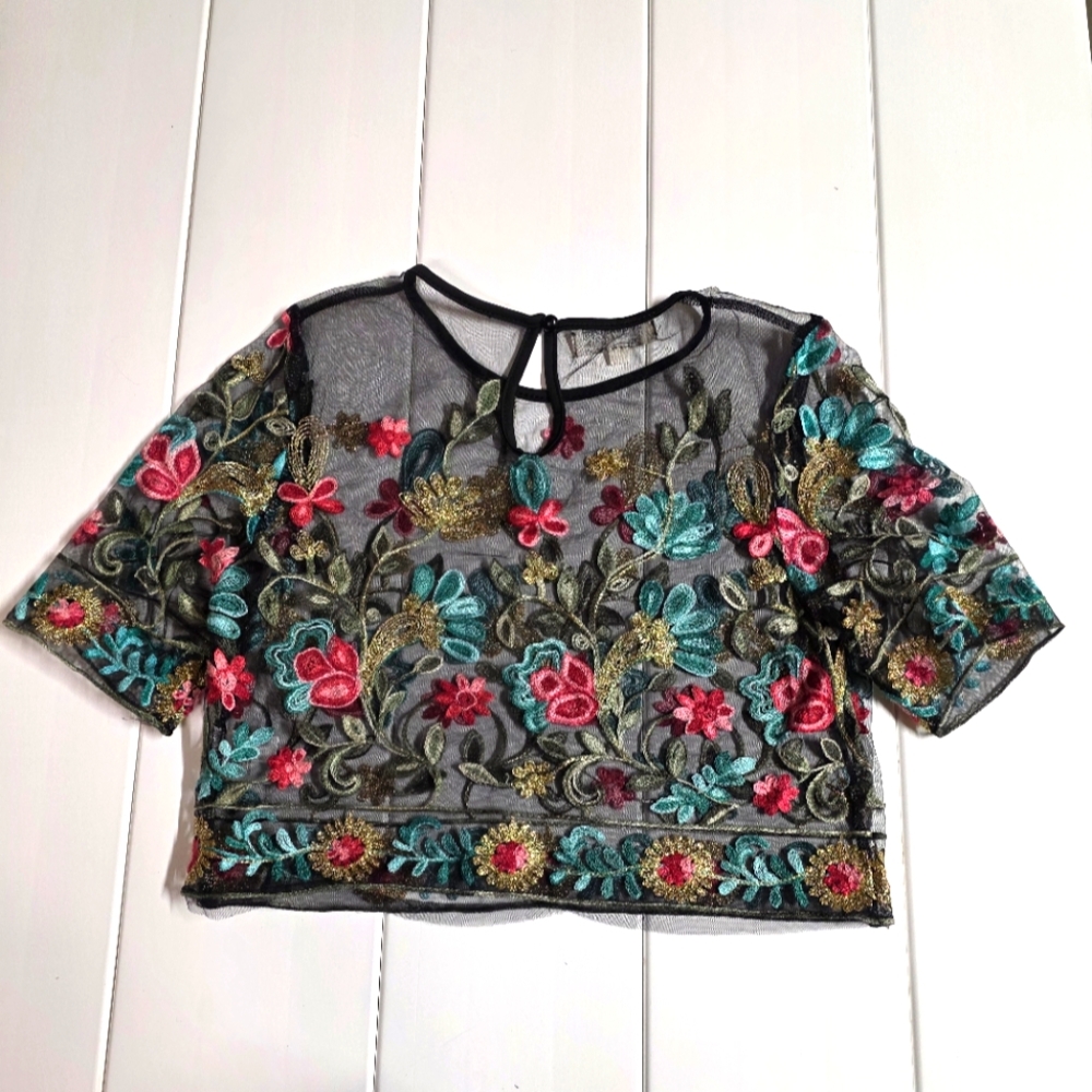 Rebellion - Floral Embroidered Sheer Black Top - Size: Small